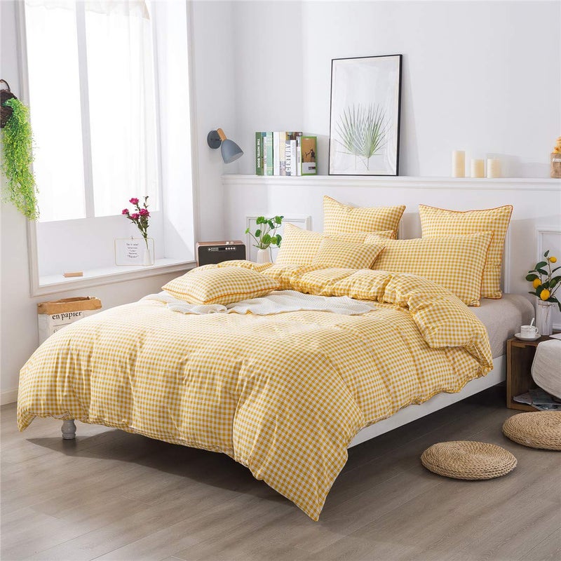 FADFAY Yellow Plaid Duvet Cover Set Queen 100% Cotton Ultra Soft Grid Bedding Reversible Gingham Geometric Checker Bedding Set with Zipper Closure 3Pcs, 1Duvet Cover + 2Pillowcases, Queen Size - Image 2
